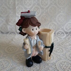#Vintage Resin Graduation Girl Figurine Pen Holder